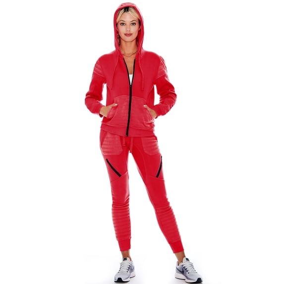 9 Crowns Women's Slim FIt Moto Hoodie Jogger Jacket and Pant Tracksuit Set (Red, Medium)