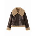 thumbnail image 3 of Women Faux Leather Jacket with Faux Fur Lining Warm Winter Biker Coat Brown XL, 3 of 9