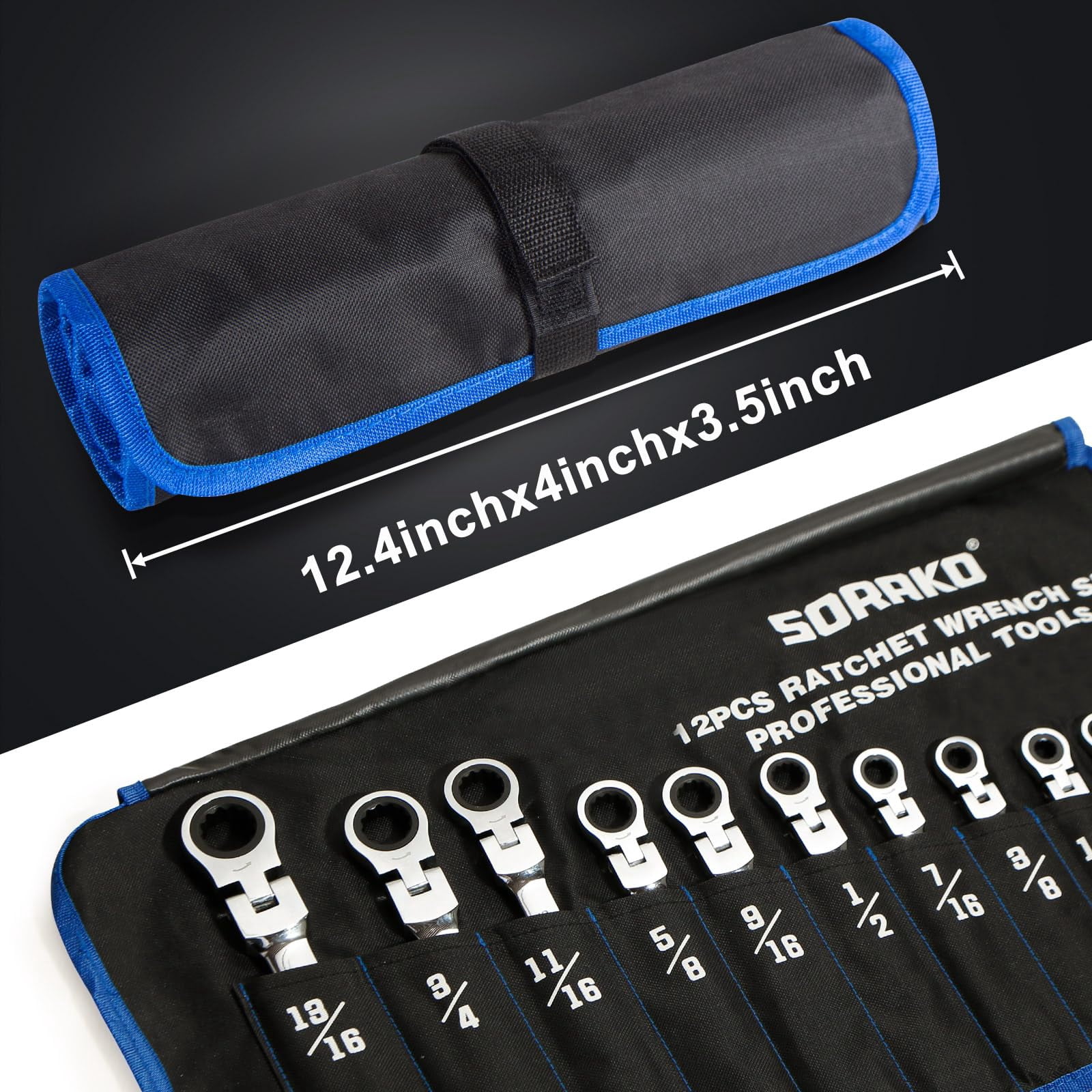 SORAKO Ratcheting Wrench Set Flex Head, 12 Piece SAE Combination Ratchet Wrench kit, 1/4″ - 13/16″ Chrome Vanadium Steel Wrenches
