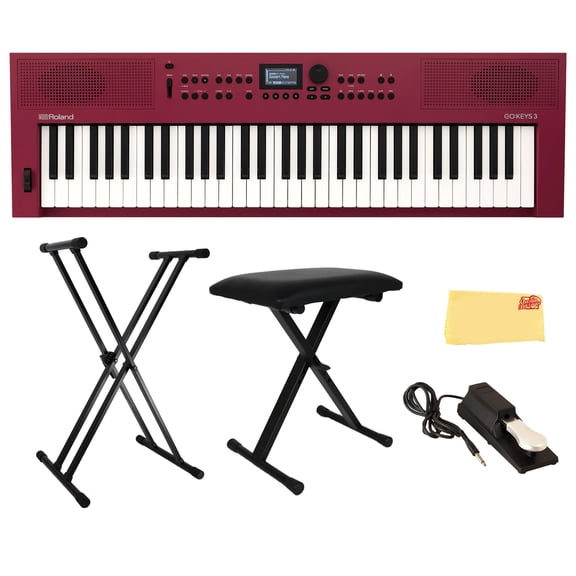 Roland GO:KEYS 3 Red Music Creation Keyboard Bundle with Adjustable Stand, X-Style Keyboard Bench, Sustain Pedal, Online Piano Lessons, and Austin Bazaar Polishing Cloth