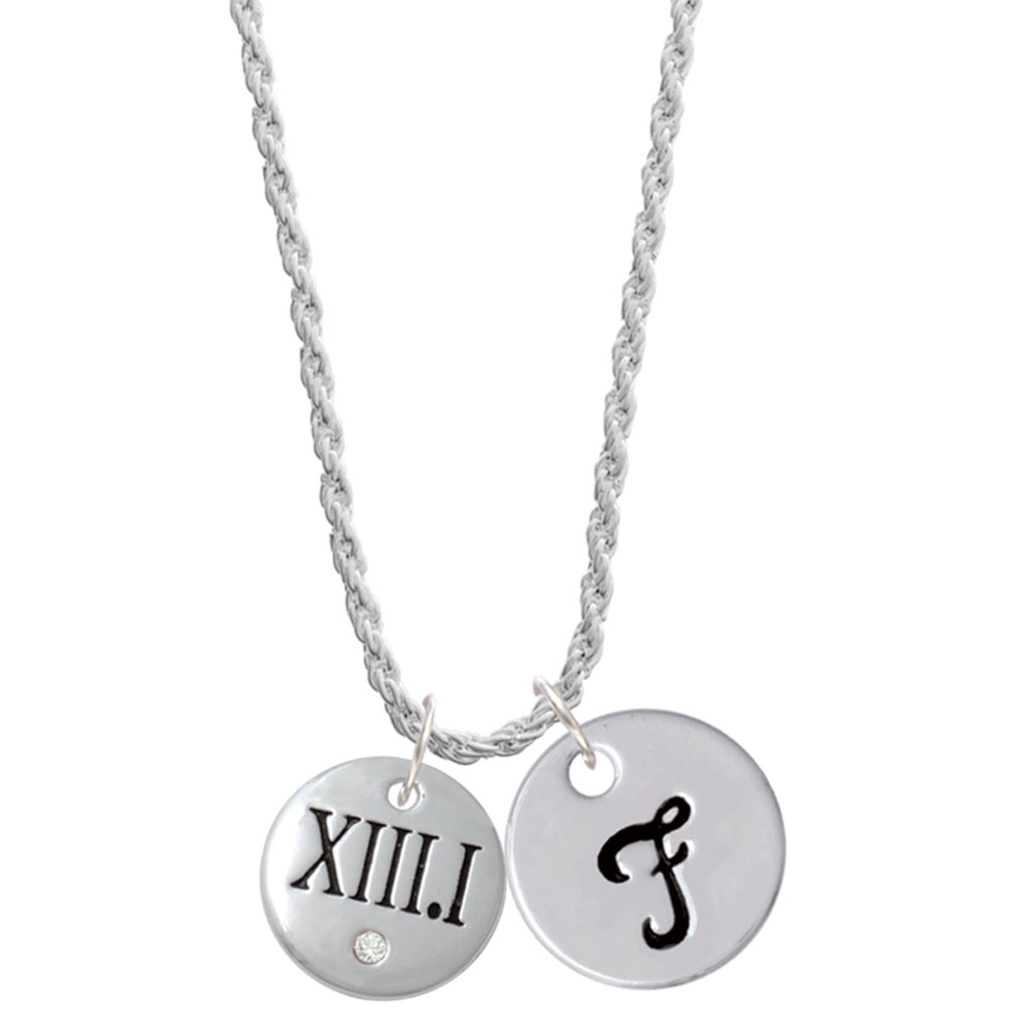 Delight Jewelry Silvertone Half Marathon with Clear Crystal Roman Numeral Silvertone Script Initial Disc - F - Charm Necklace, 20"+3"