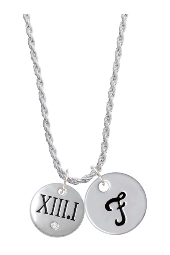 Silvertone Half Marathon with Clear Crystal Roman Numeral Silvertone Script Initial Disc - F - Charm Necklace, 20"+3"