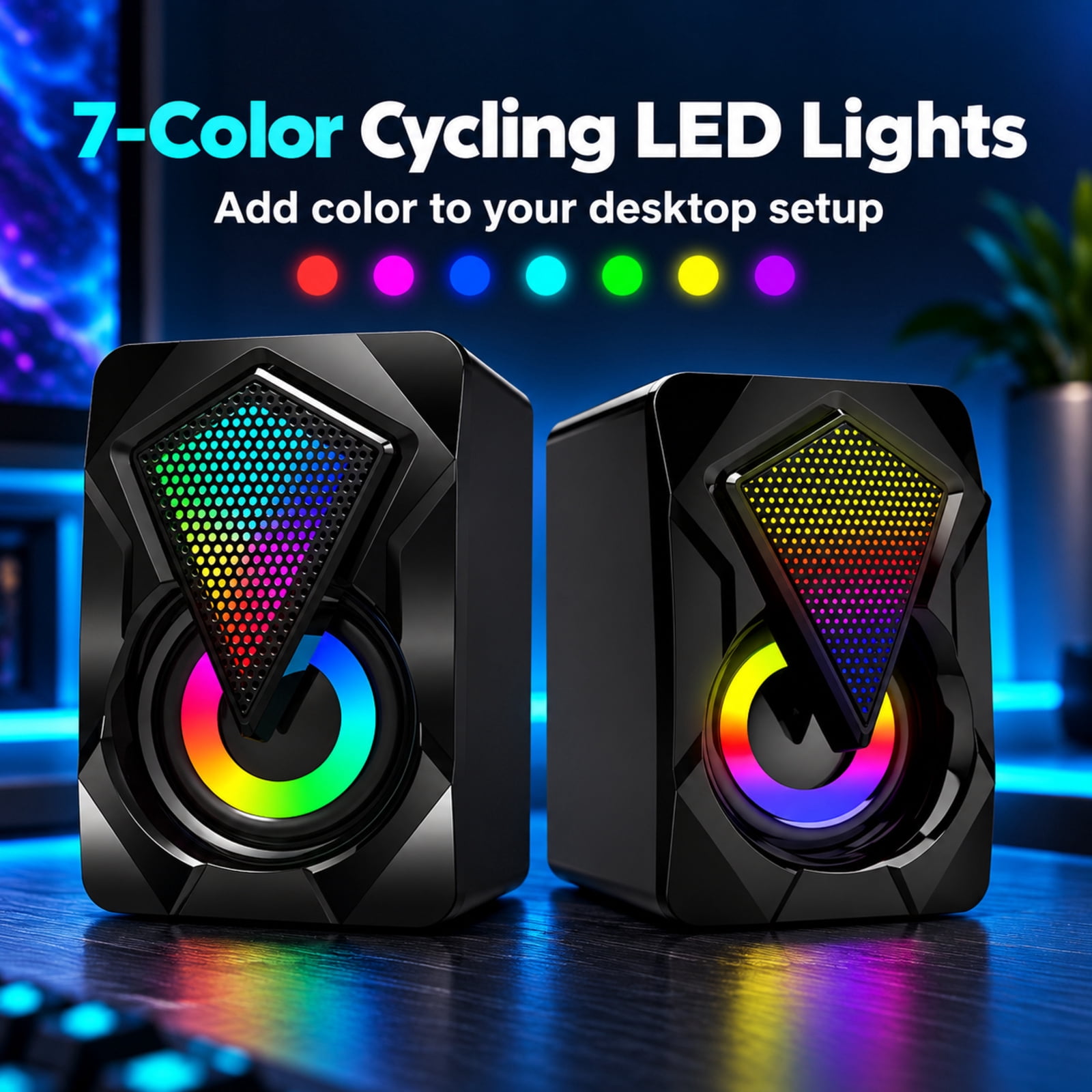 Computer Speakers for Desktop or Laptop, TSV 2.0 Stereo RGB PC Gaming Speakers with Stereo Surround Bass, 7 Colors LED Lights, USB-Powered 3.5mm Wired Speakers for PC Smartphone Tablet Projector TV