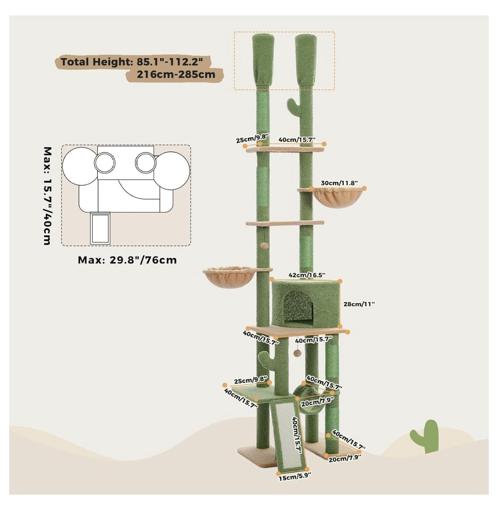 Cactus Cat Tree Floor to Ceiling, 85-112 Inch Adjustable Cat Tower - 7 Tier Climbing Center with Hammocks & Scratching Posts for Indoor Cats