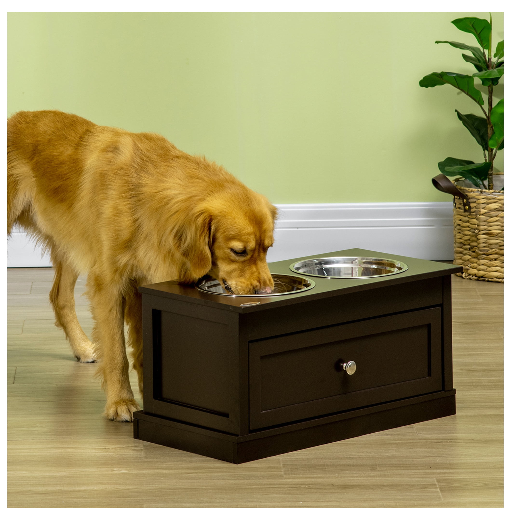 Large Elevated Dog Bowls with Storage, Raised Dog Feeder Stand, Stainless Steel Bowls, 11L Drawer, Pet Feeding Station for Large Dogs, Brown