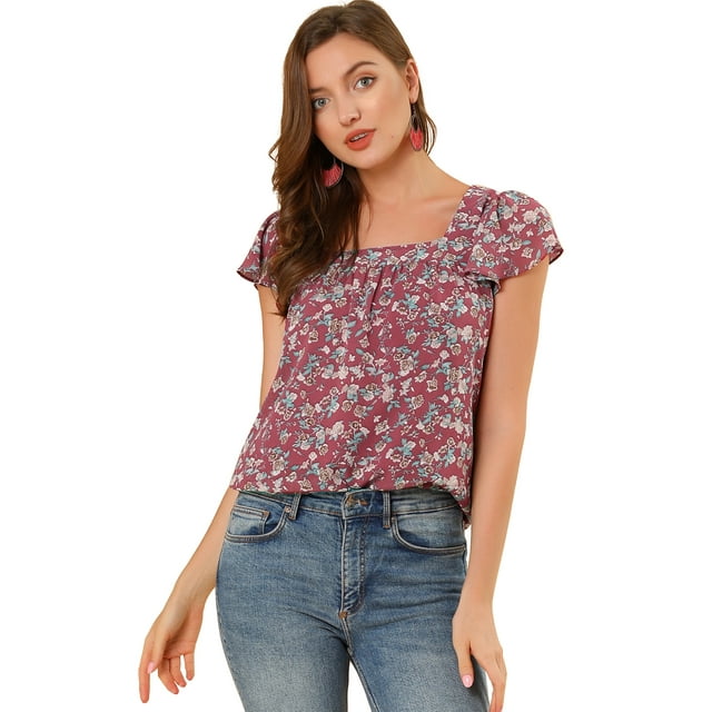 INSPIRE CHIC Women's Chiffon Square Neckline Ruffle Sleeve Floral Top