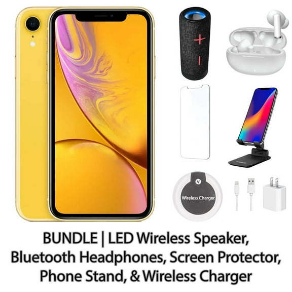 Restored Apple iPhone XR 64GB Yellow Fully Unlocked Bundle: LED Wireless Speaker, Bluetooth Headphones, Screen Protector, Wireless Charger, & Phone Stand (Refurbished)
