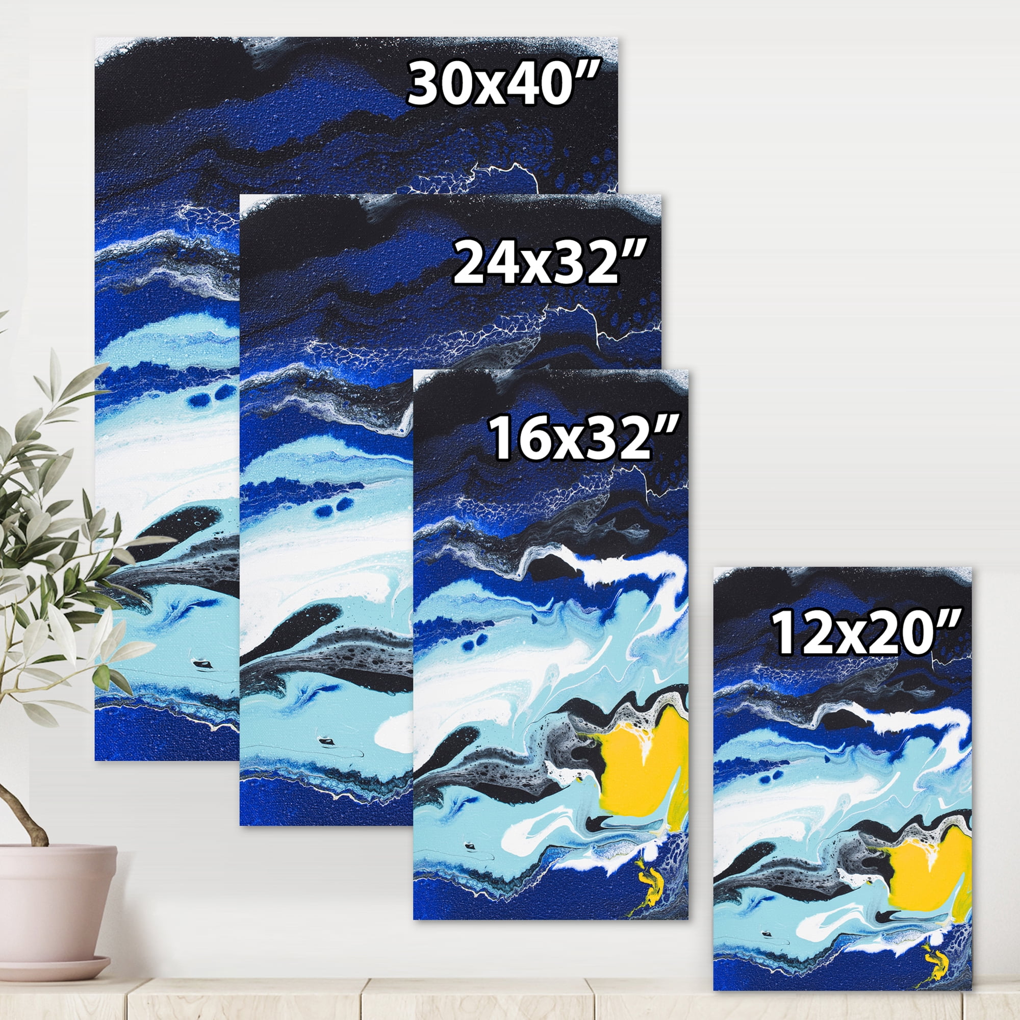 Designart ' Abstract Composition In Blue and Yellow VIII ' Modern Canvas Wall Art Print