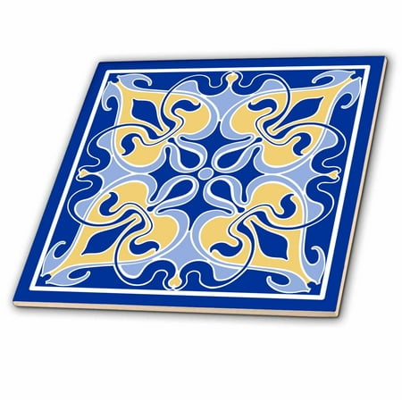 Blue Tile Design - 3dRose Single Victorian Art Nouveau Tile Design in Blue and Yellow - Ceramic Tile, 12-inch
