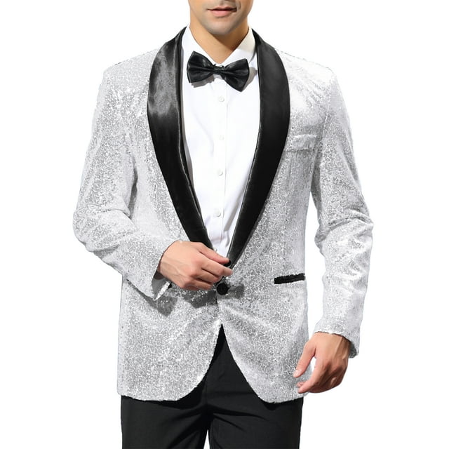 CHAQUETA DE DEPORTIVA CON LENTEJUELAS PARA HOMBRES INSPIRE CHIC, CON SOLAPA DE CHALECO, UN BOTÓN, BRILLANTE, TALLA XL, PLATA