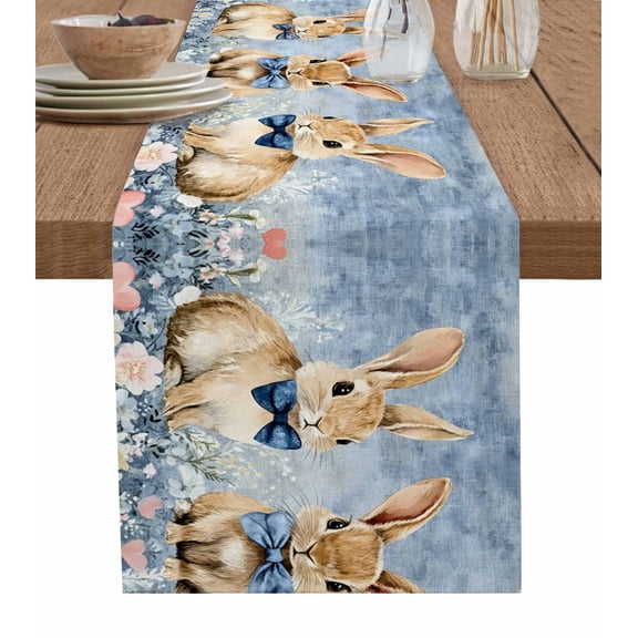 Brown Easter Bunny Table Runner 72 Inches, Spring Floral Blue Bed Runner Dresser Scarves Tabletop for Indoor Outdoor Parties/Ceremony/Banquet, 13" x 72"