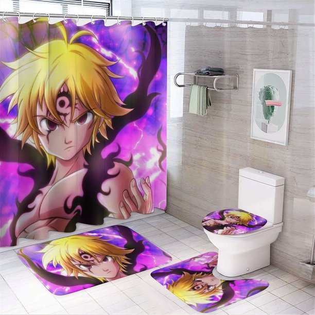 Juego de 4 cortinas de ducha de The Seven Deadly Sins con alfombrillas antideslizantes, tapa de inodoro y alfombrilla de baño, cortina de ducha impermeable con dibujos animados para niños con 12