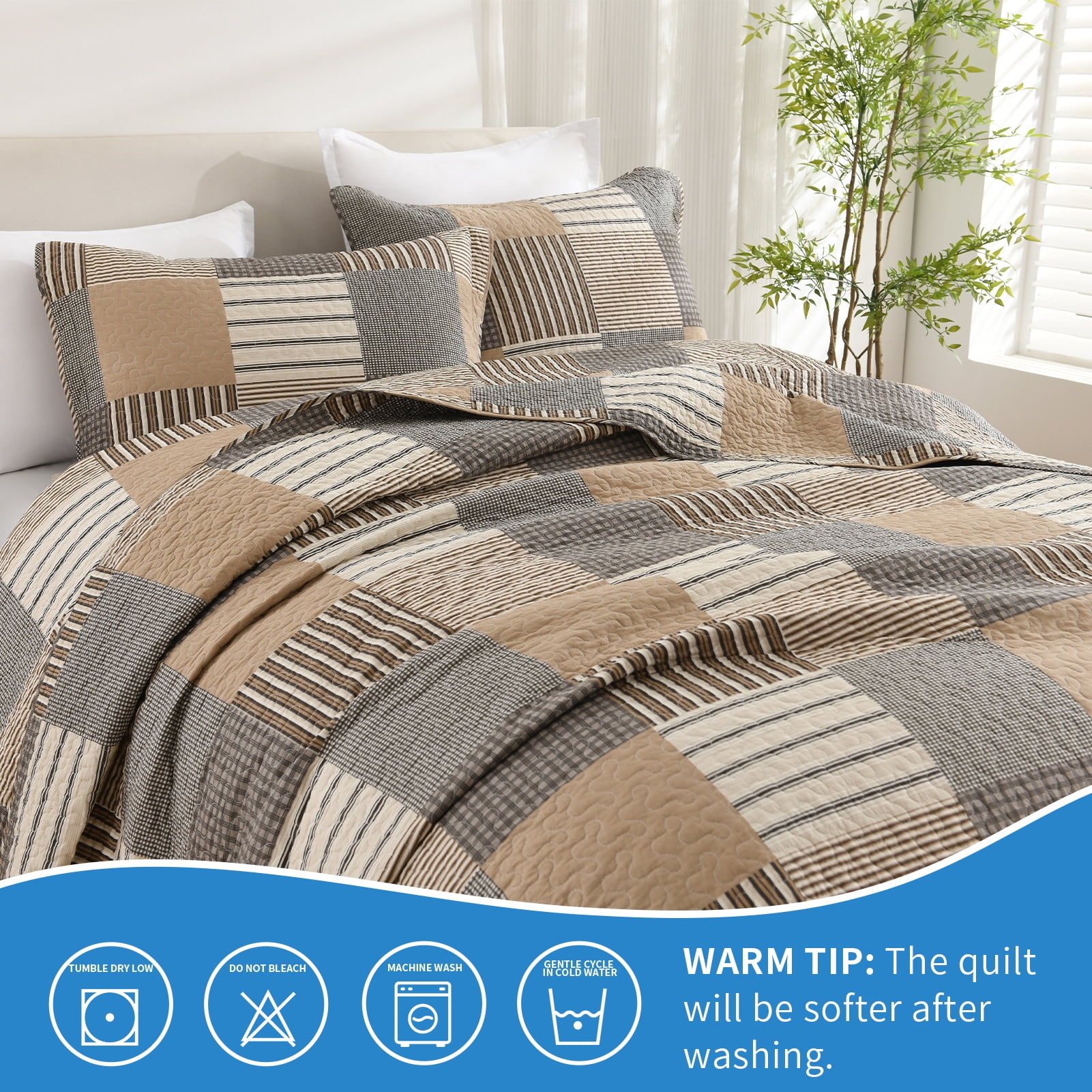 Bedduvit Brown Plaid Queen Size Quilt - 100% Cotton Brown Gray Beige Farmhouse Quilts Bedspread for Queen Bed, Patchwork Cabin Rustic Lightweight Reversible Quilt Set, All-Season 3-Piece Bedding Set
