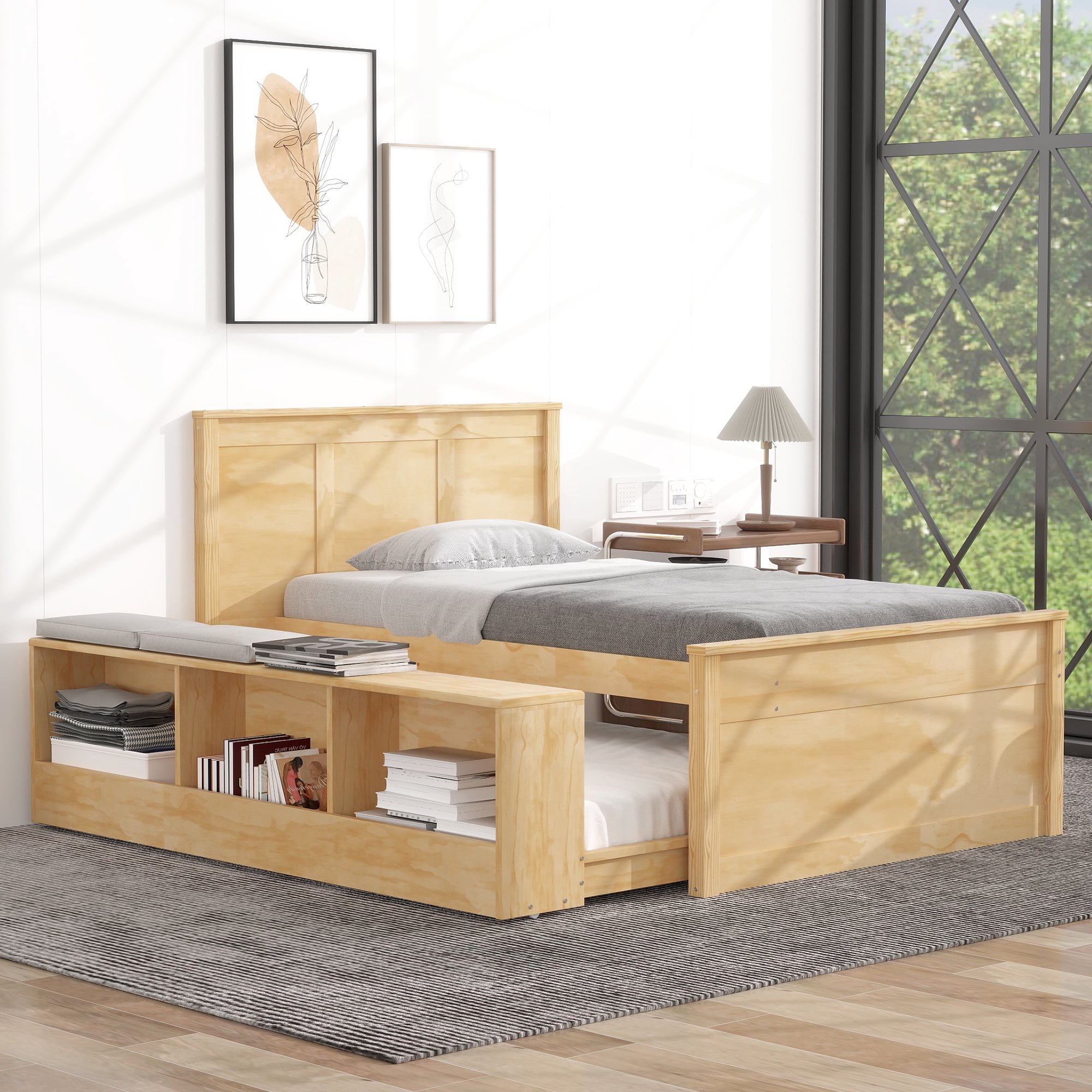Mintazer Twin Platform Bed with Pull-Out Trundle, Modern Bookcase Bed with Storage Cabinet, No Box Spring Needed, Natural