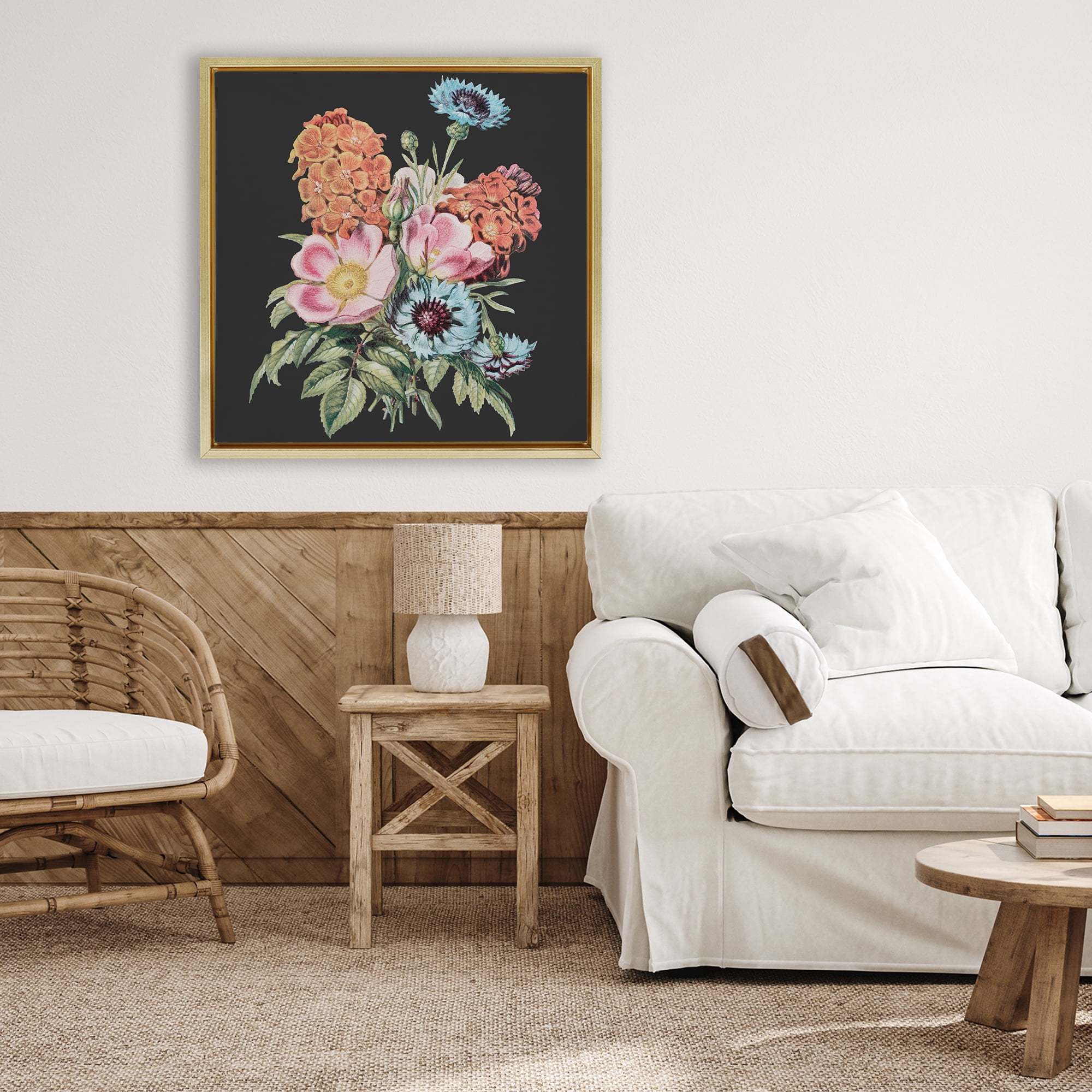 Stupell Industries Vintage Bouquet Study over Black Gold Framed Floater Canvas Wall Art, design by Dan Meneely
