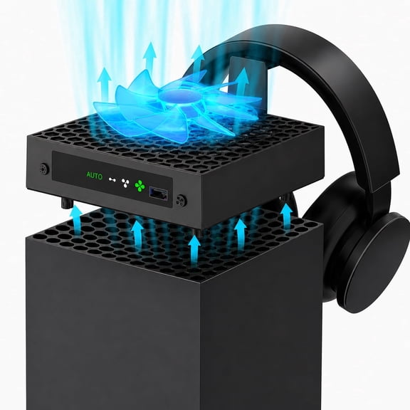 Auto Cooling Fan for Xbox Series X, Cooling System Compatible with Xbox Series X Console Accessories, Automatic Fan Speed Adjustable by Temperature, USB Ports & Headset Holder(Black)
