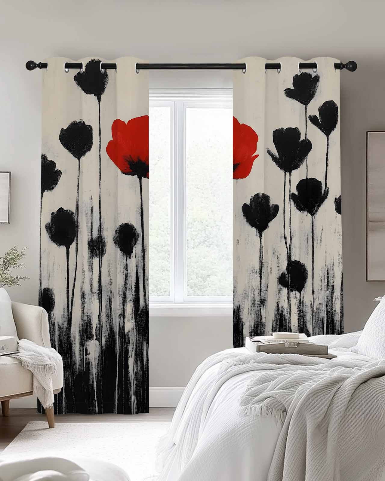 Red Floral Blackout Curtains 84 Inch Length Country Oil Painting Red Black Flower Linen Texture Vintage Thermal Insulated Window Curtain Window Drapes 2 Panels for Bedroom Living Room 42"Wx84"L
