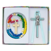 Mcvan BS55 6 mm Non Toxic Wood Corded Rosary & Pewter Blue Epoxy Cross Box Set