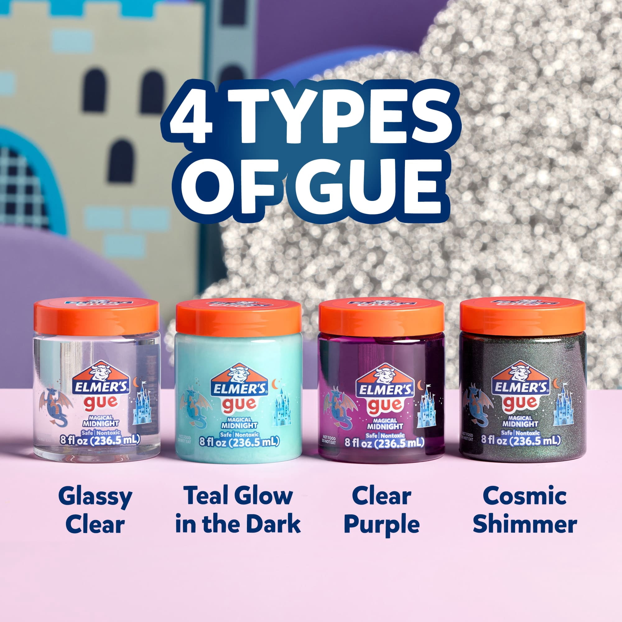 Elmer's Gue Premade Slime, Magical Midnight Variety Pack, Assorted Colors, 8 oz, 4 Count