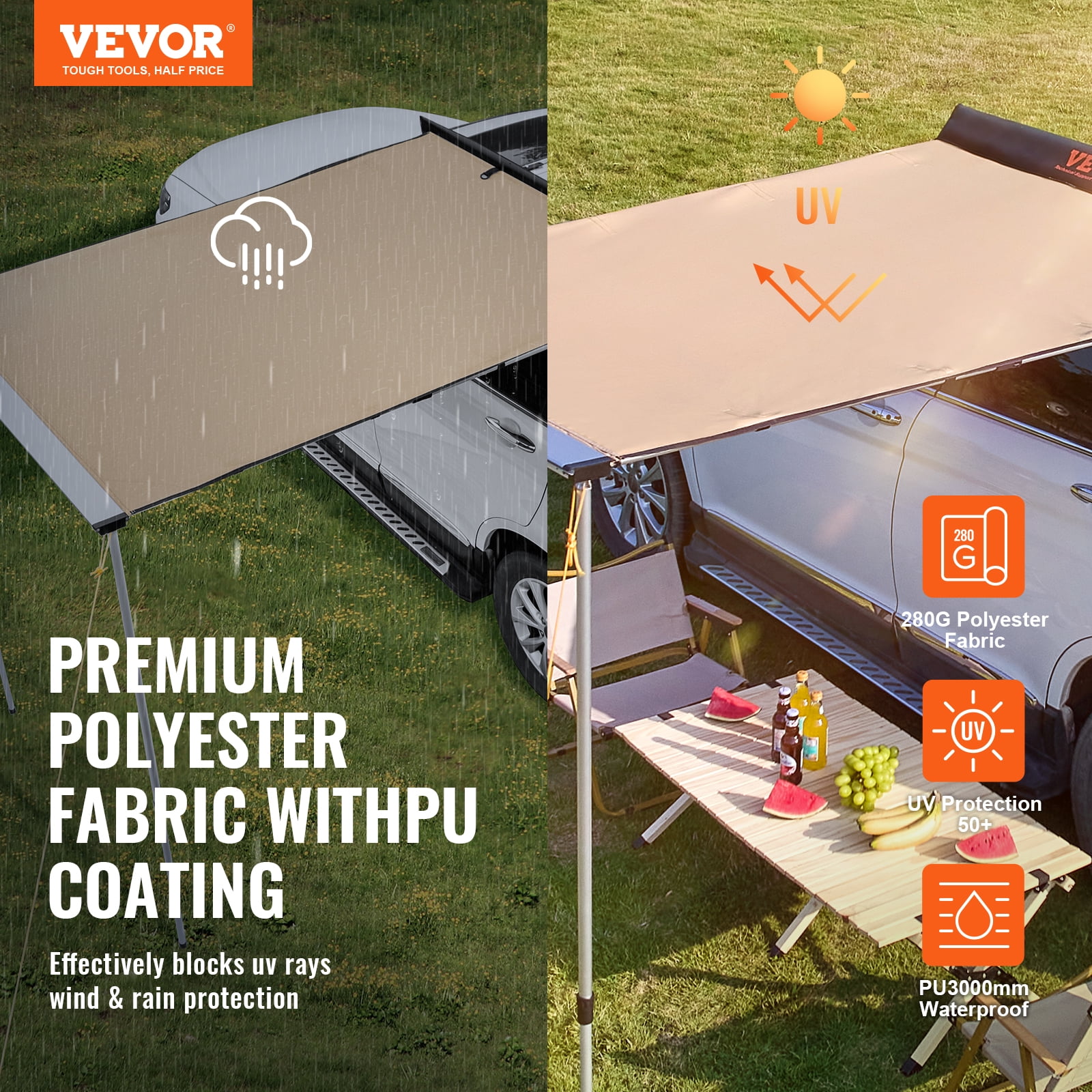 KFFKFF Vehicle Awning 6.6' x 8.2' Shade Coverage Car Side Awning PU3000 mm UV50+