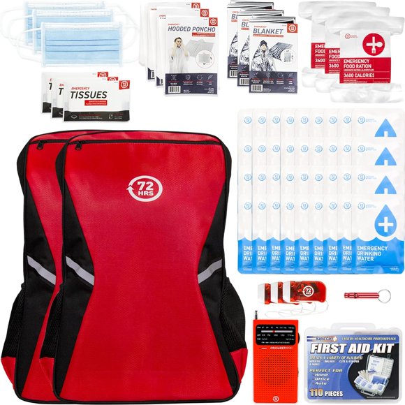72 HRS Essential Emergency Preparedness Kits - 3 Day Survival Backpack or Bug Out Bags for Earthquake, Hurricane, Tornado, Flood, Tsunami, Wildfire, Bad Weather, Nuclear Disaster (Red 3 Person)