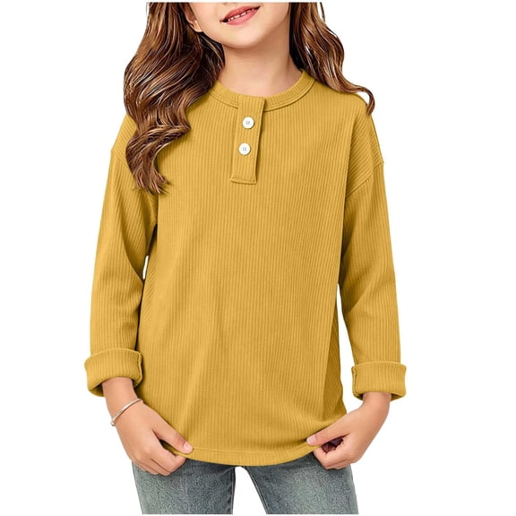 QIbmong Infants Toddler Girls Long Sleeve Shirts Crew Neck Ribbed Knit Tops Kids Casual Fall Winter Looses Pullover Undershirts for Back to School(1-2Years,Yellow)
