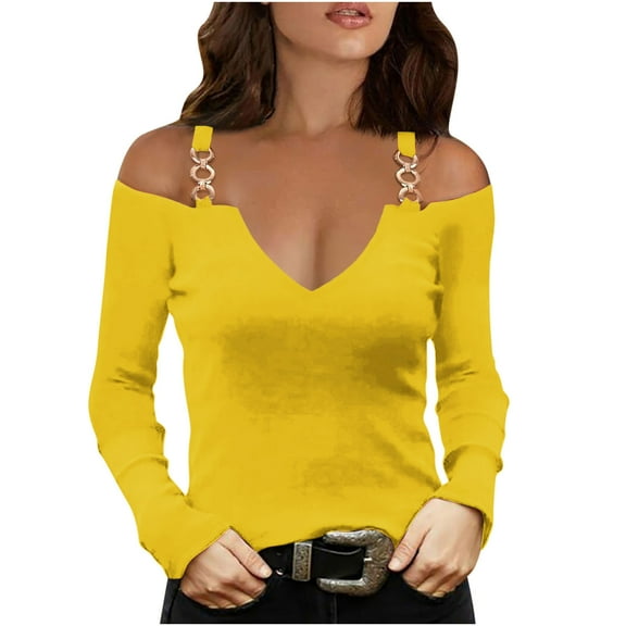 tarylea Going out Tops for Women Mental Buckle Strap off Shoulder Tops Deep V Neck Long Sleeve Blouse Fitted Cute Tops