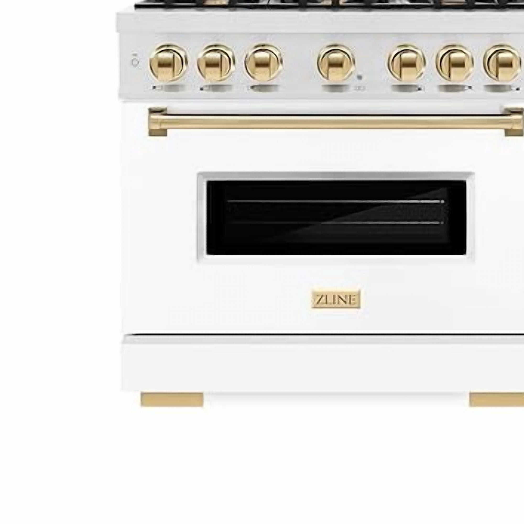 ZLINE Autograph Edition 36 in. 5.2 cu. ft. Classic Gas Range with 6 Burner Cooktop and Convection Gas Oven in DuraSnow Stainless Steel with White Matte Door and Polished Gold Accents (CGRSZ-WM-36-G)