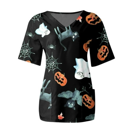 

Suncoda Scrubs For Womens Classic-Fit Short Sleeve V-Neck Scrubs Nursing Tops Halloween Print Beach T-Shirt with Pockets Versatile Casual Blouse Gifts for Women Valentine s Day Mother s Day