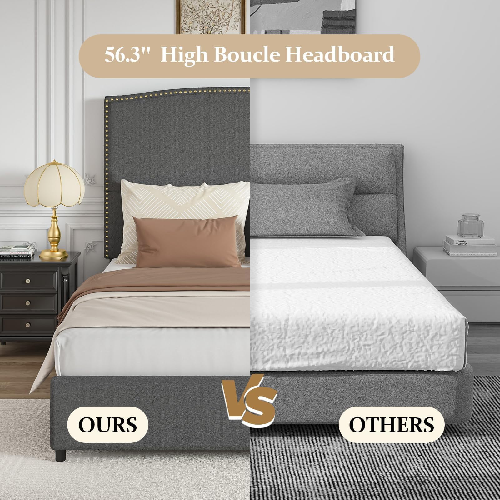 4 EVER WINNER Queen Bed Frame with 56" Tall Headboard, Queen Size Bed Fwith Nailhead Trim Headboard, Queen Upholstered Platform Bed, Grey