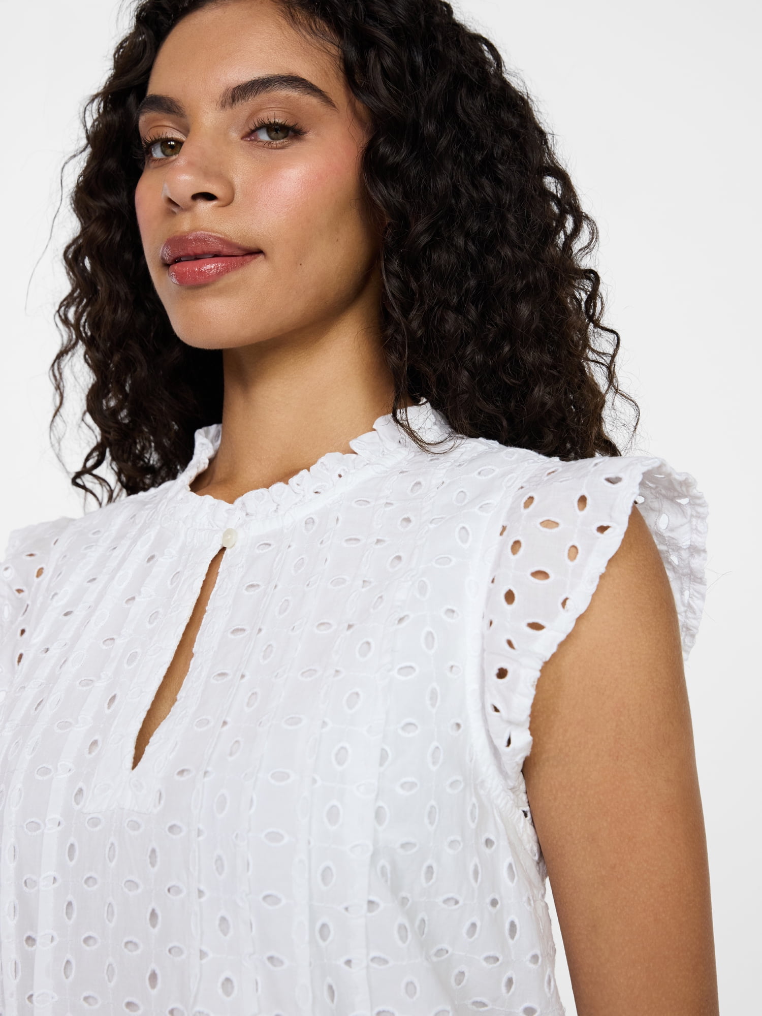 Time and Tru Women's Cotton Eyelet Mini Dress with Flutter Sleeves, Sizes XS-XXXL