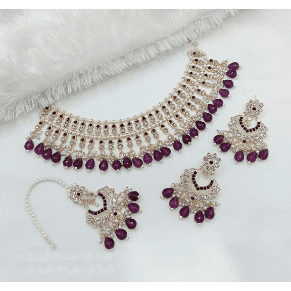 Traditional Kundan Pearl & Purple Stone Bridal Jewelry Set – Necklace, Earrings & Maang Tikka