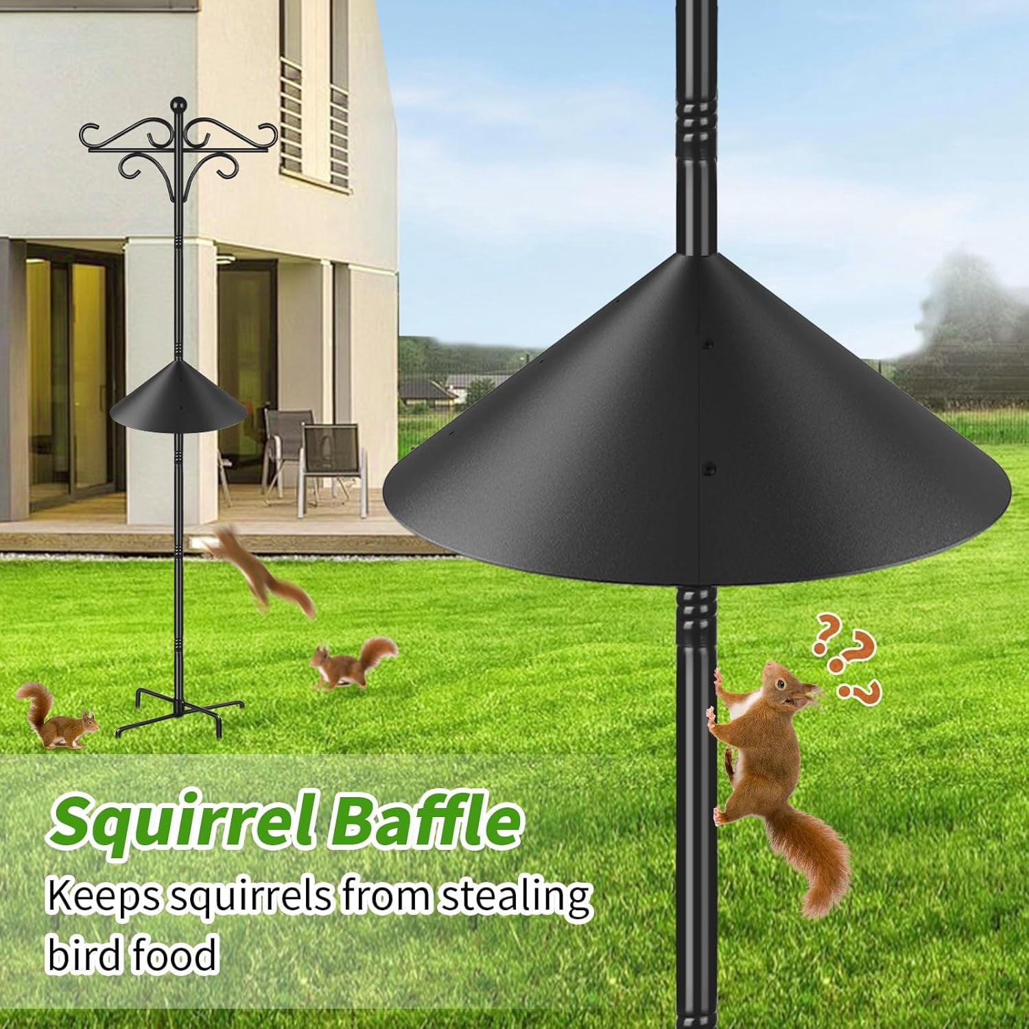 KOLAKO Bird Feeder Pole Squirrel Proof, 233cm Bird Feeding Station, Free Standing Heavy Duty Shepherds Hooks with Baffle for Garden Solar Lights,Baskets hanger, Black
