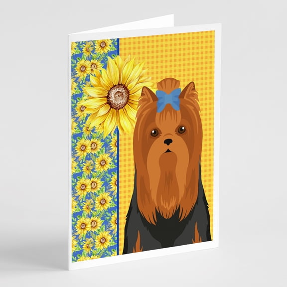 Summer Sunflowers Black and Tan Full Coat Yorkshire Terrier Greeting Cards and Envelopes Pack of 8 7 in x 5 in