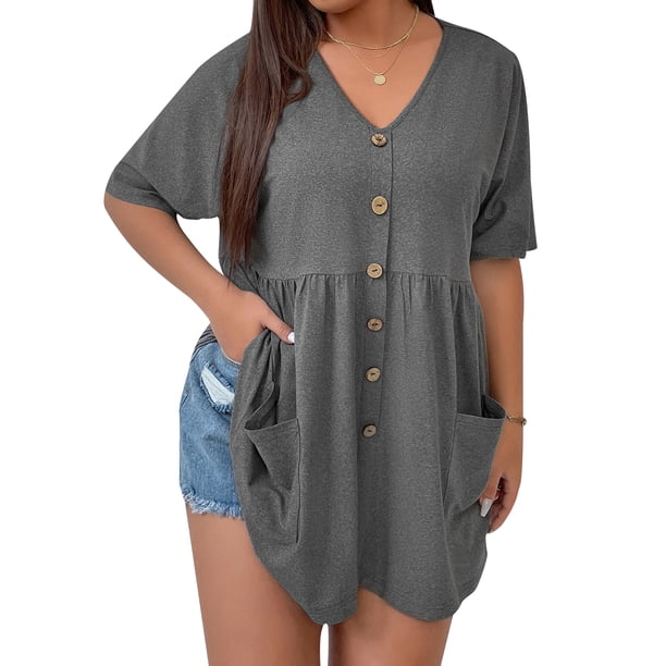 Camiseta mujer, Camiseta suelta para mujer Túnicas Cuello en V Manga corta Tallas grandes Tops casua Tomshoo Gris/Extragrande