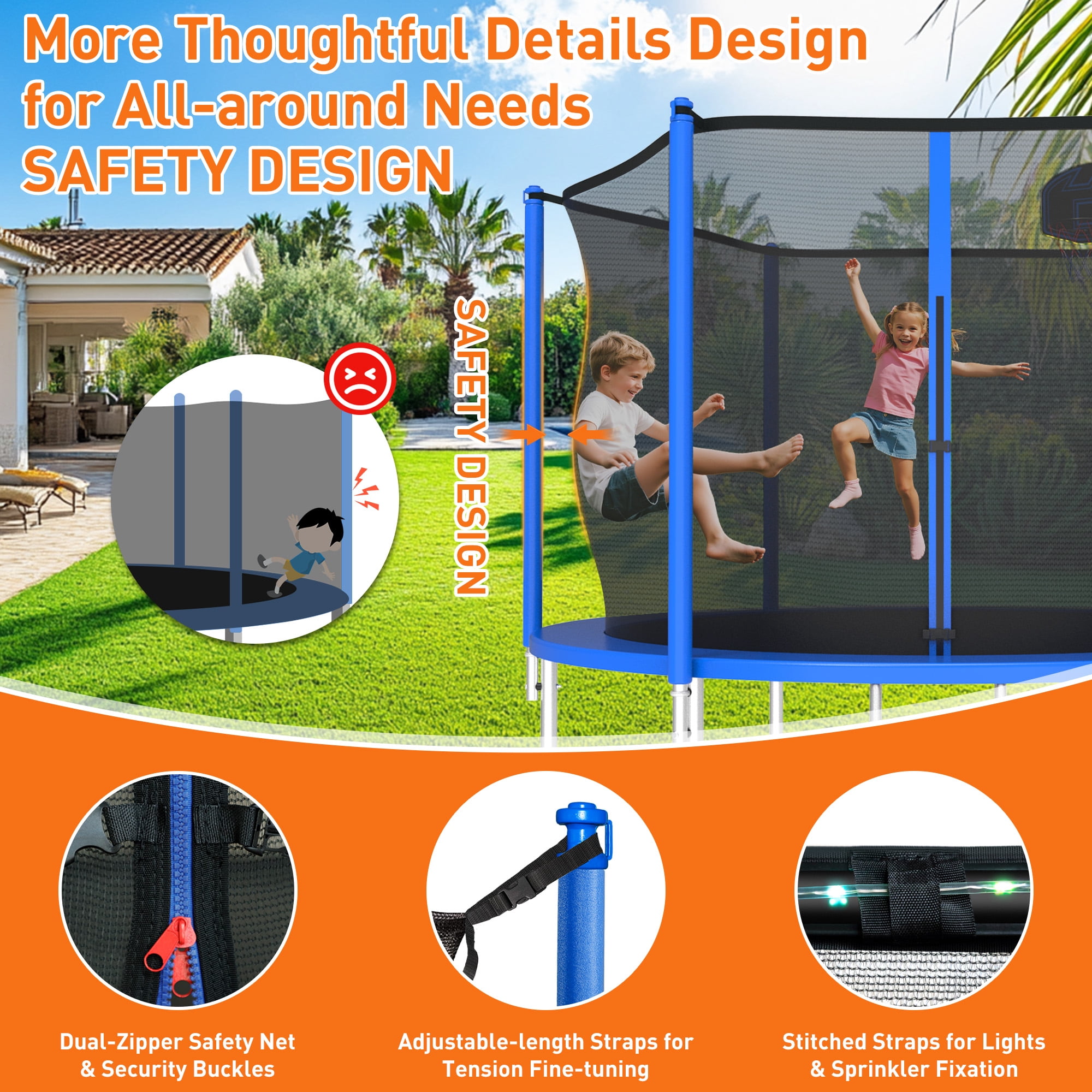 WOWLAND 10FT Trampoline for Kids and Adults 1000LBS Weight Capacity, Heavy Duty Outdoor Trampolines with Enclosure Net, Kids Trampoline with Basketball Hoop and Lights, Birthday Gift