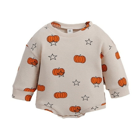 

Baby Shower Gifts for Girls Girls Swimsuit Halloween Onesie Pumpkin Print Long Sleeve Pajamas Beige Clothes