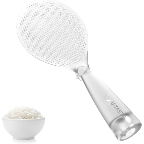 U-Taste Rice Spoon Paddle Scooper: 329°F Heat Resistant Food-Grade TPX Rice Spatula, Safe for Non-Stick Cookware, with Built-In Stand, Lightweight for Sushi, Pasta, Cooking & Serving (Transparent)