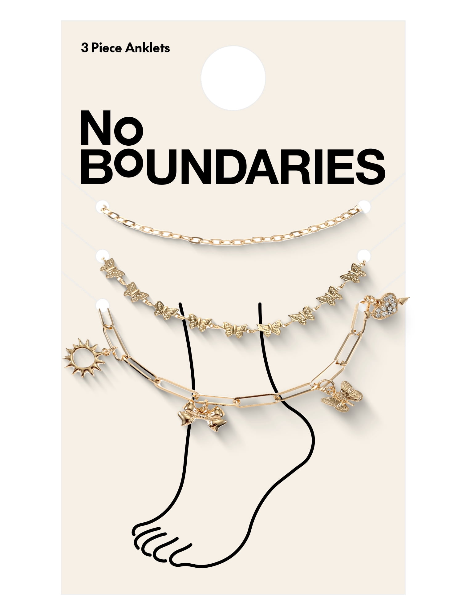 No Boundaries Women's Gold Charm Anklet Set, 3 Pieces