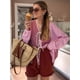 thumbnail image 5 of Blusa Informal de Larga con Cuello en V, A Rayas y Lazo Frontal para Mujer, con Patchwork y Bloques de Color Rosa XL, 5 of 8