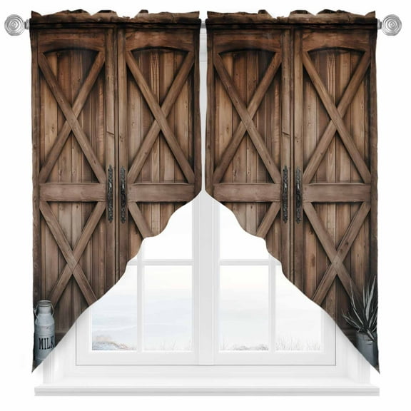 Vintage Barn Door Swag Curtain Valance for Windows, Brown Countryside Farmhouse Window Treatments Short Swag Topper for Kitchen Windows Bathroom Bedroom, 36"x45"