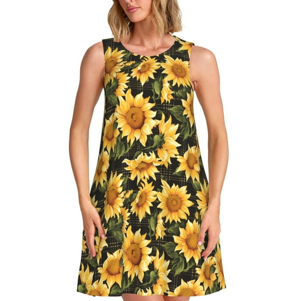 Fotbe Vintage Black Plaid Sunflower Vestido de Verano sin Mangas para Mujer – Vestido Midi Línea A, Estilo Camiseta Floral, Vestido Playero Casual y Fluido