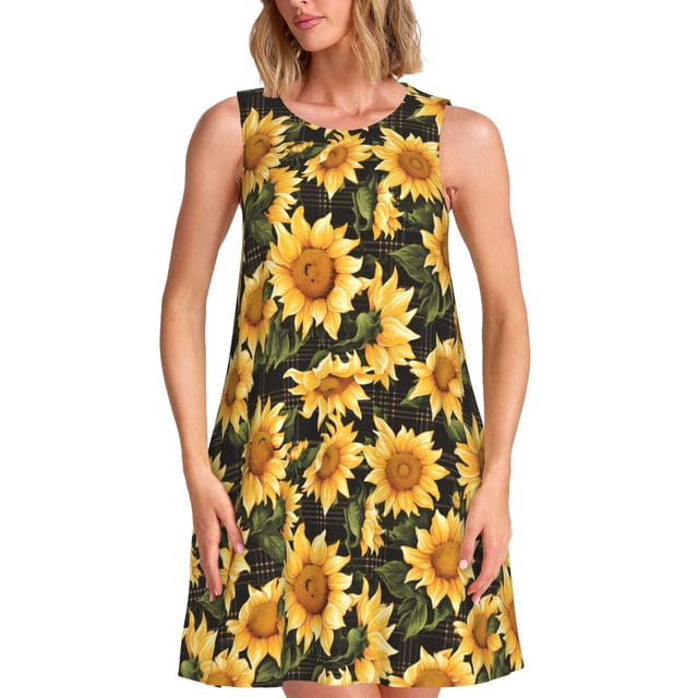 Fotbe Vintage Black Plaid Sunflower Vestido de Verano sin Mangas para Mujer – Vestido Midi Línea A, Estilo Camiseta Floral, Vestido Playero Casual y Fluido