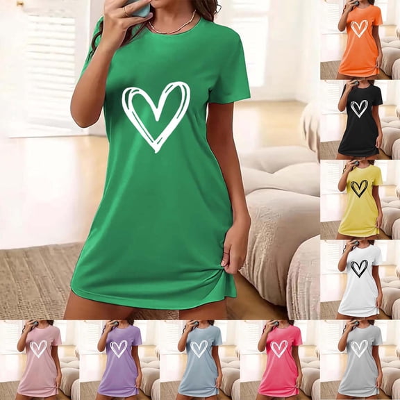 Sakmal Lightweight Moomoo Nightgownss for Women Short Sleeve Love Valentines Pajama Dress Heart Print Short Ladies Nightgown L