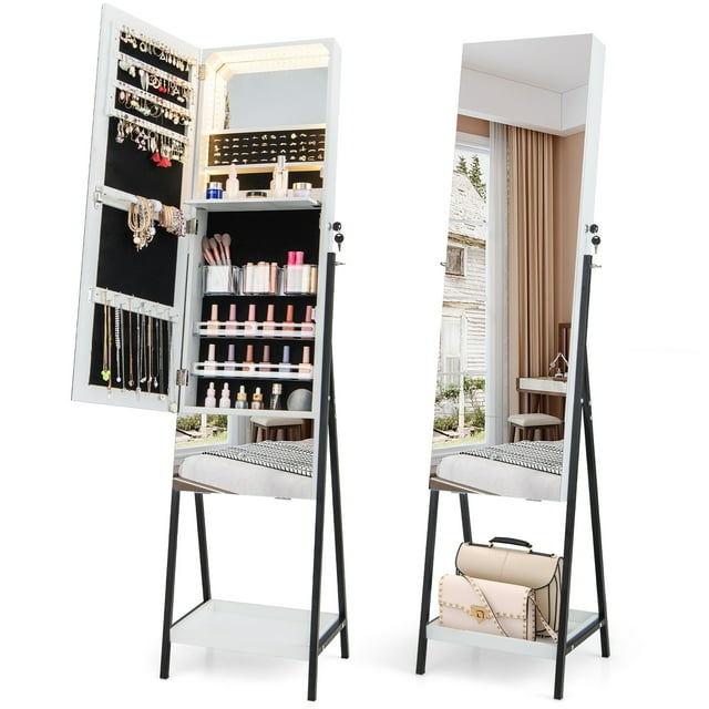 Costway Jewelry Cabinet Armoire Full-Length Mirror with 3-Color LED Lights & Drawer White