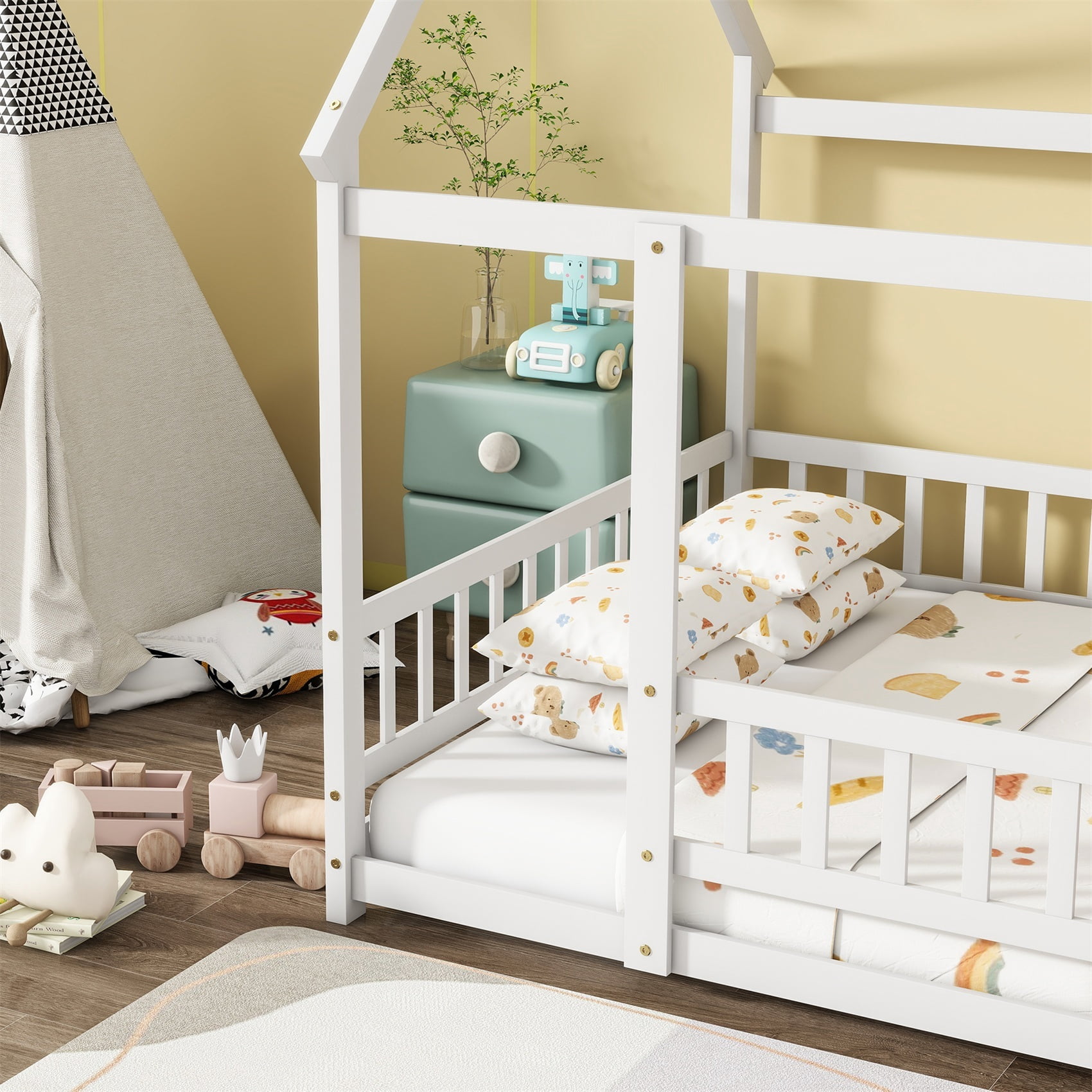 Alvantor Full Size Floor House Bed for Toddler, Solid Wood Bed Frame with Guardrails White