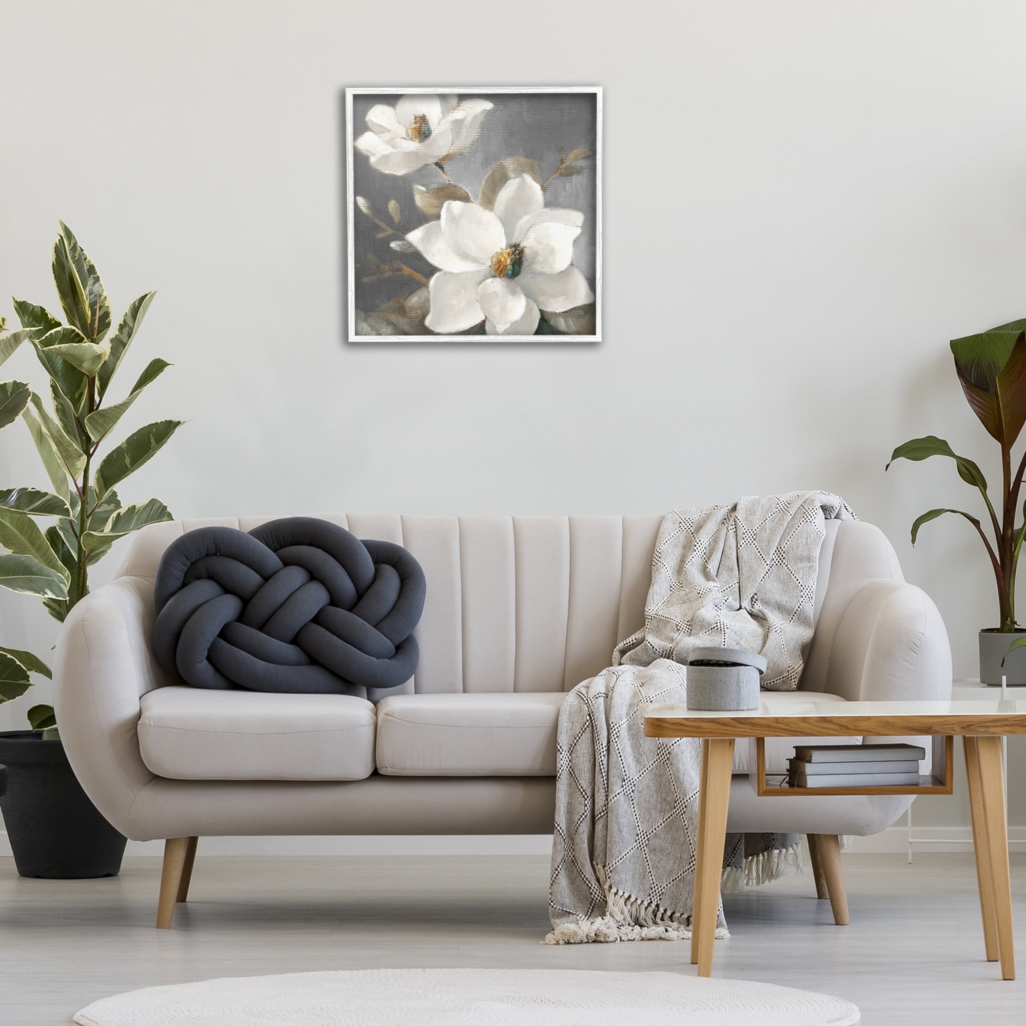 Stupell Industries Magnolias on Grey Botanical & Floral Painting White Framed Art Print Wall Art, 24 x 24