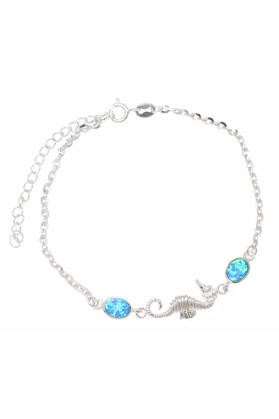 925 sterling silver Hawaiian seahorse blue synthetic opal link chain anklet 9"+