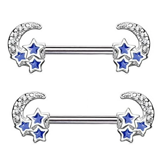 Body Accentz Nipple Rings CZ Paved Crescent Moon with 3 Blue Stars 316L Surgical Steel Barbell Bar