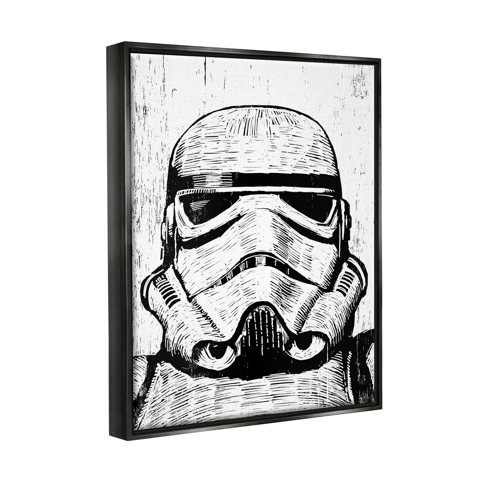 Stupell Industries Black and White Star Wars Stormtrooper Distressed Wood Etching Jet Black Framed Floating Canvas Wall Art, 16x20, by Neil Shigley